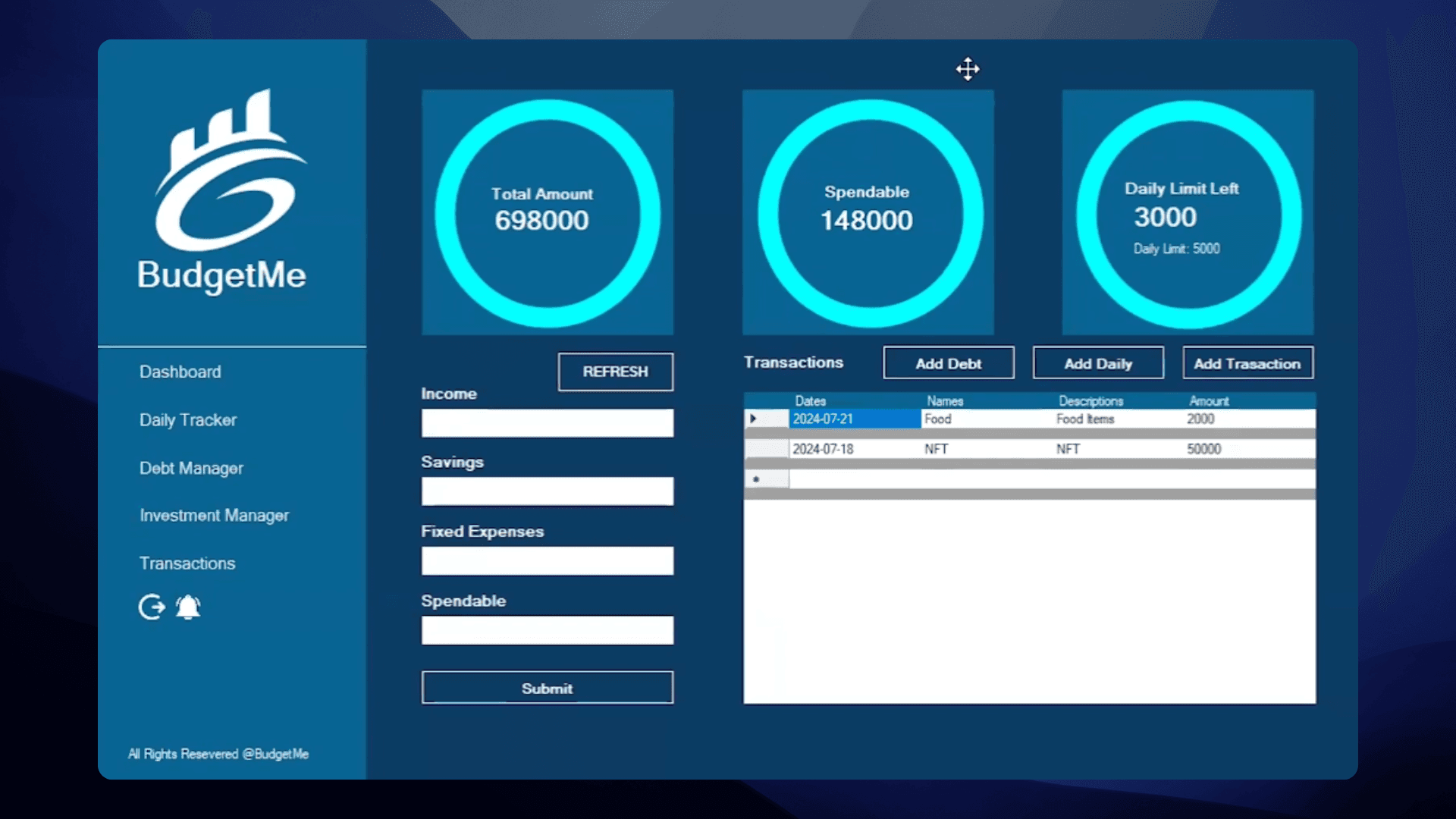 BudgetMe dashboard with balance and progress widgets